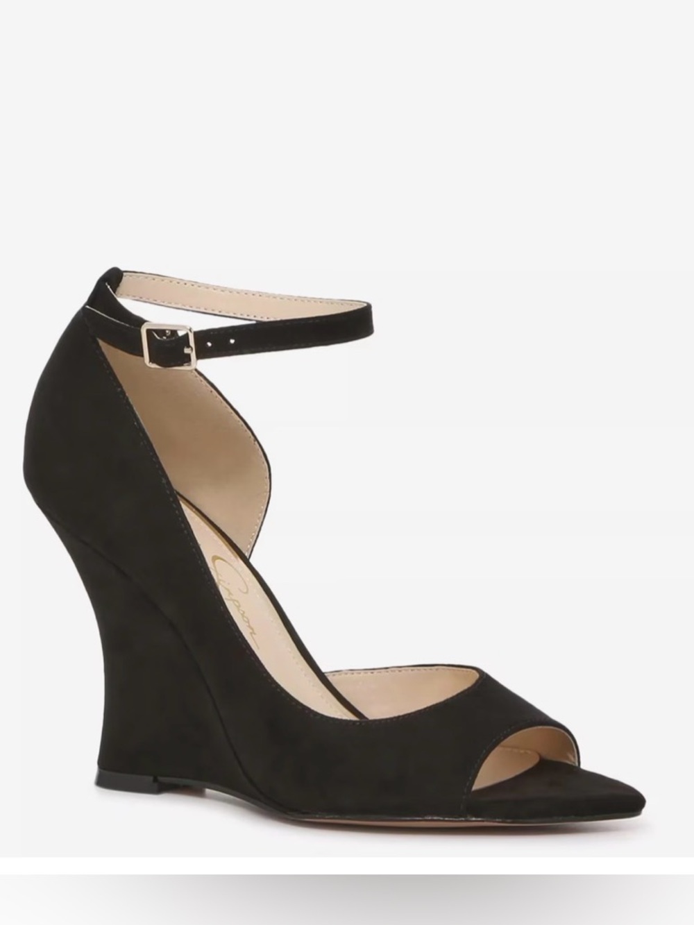 JESSICA SIMPSON “WINCHELL” BLACK FAUX SUEDE ANKLE PEEP TOE WEDGE HEELS SIZE 7.5